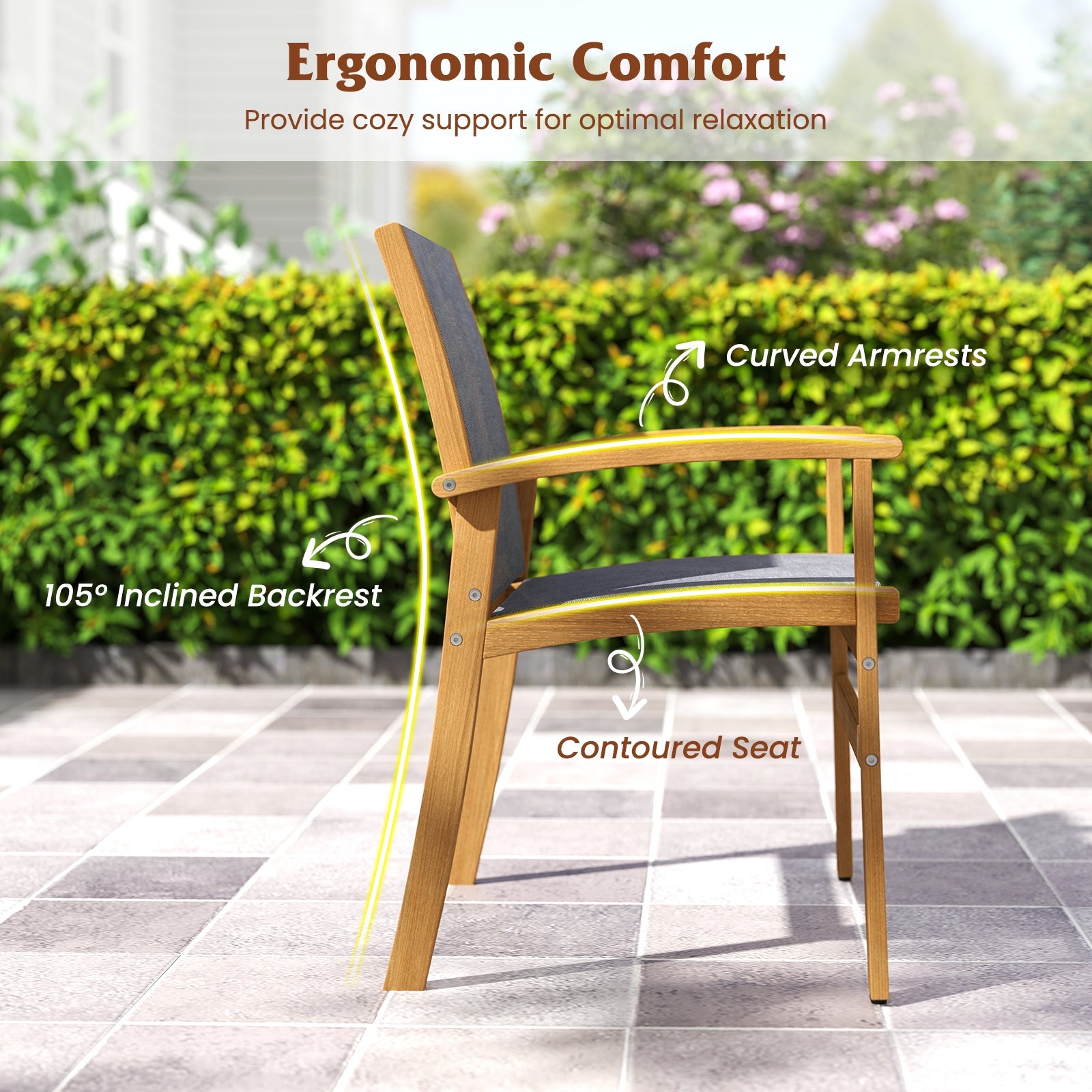 Set of 2 Patio Dining Chairs with Breathable Fabric and Acacia Wood Frame, Natural Patio Dining Chairs at Gallery Canada