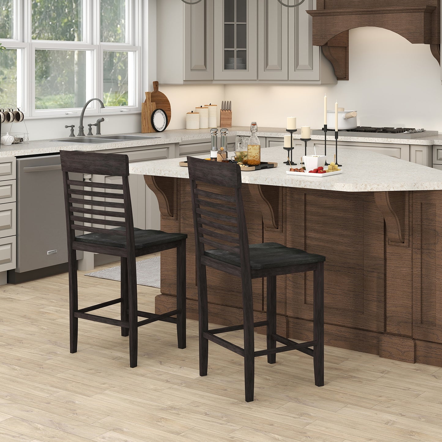 Dining Chair Set of 2 with Footrests and Solid Wood Frame, Gray Dining Chairs at Gallery Canada