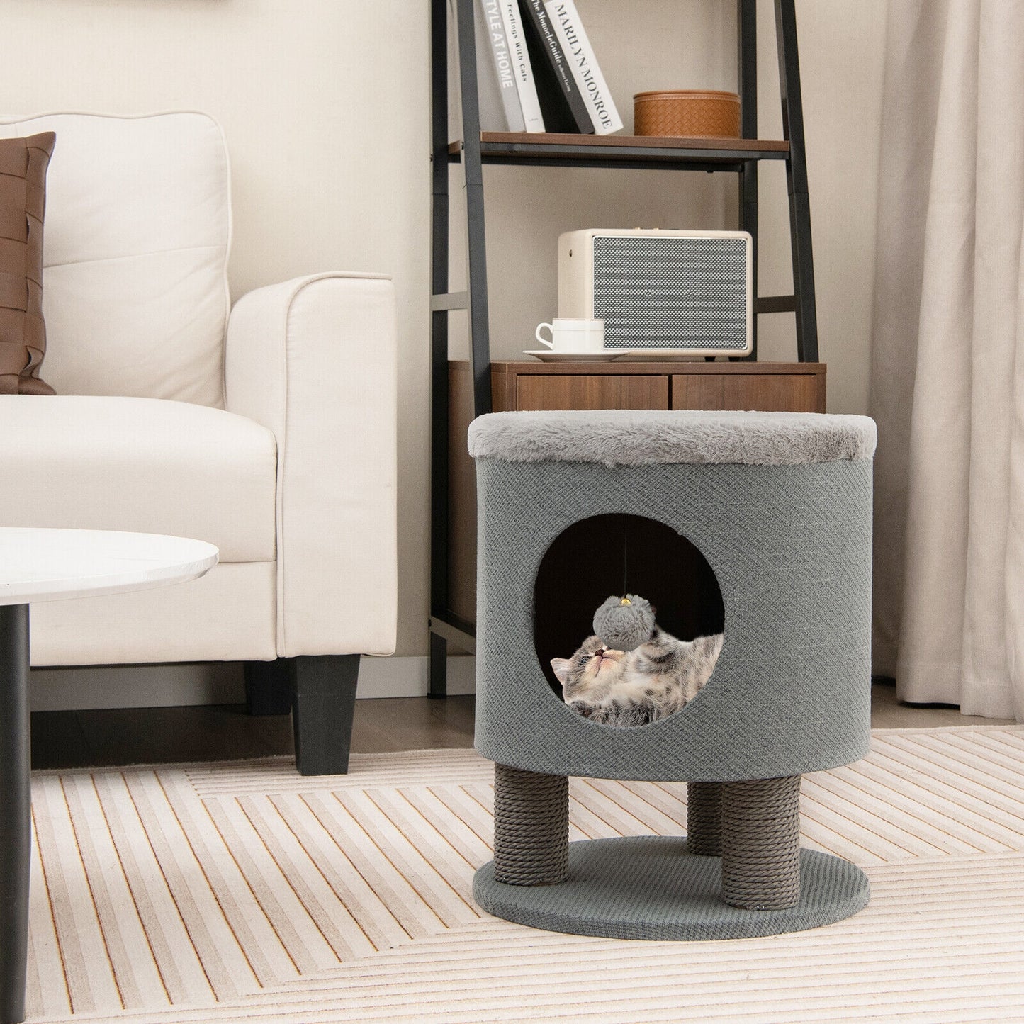 3-in-1 Cat Condo Stool Kitty Bed with Scratching Posts and Plush Ball Toy, Gray Cat Trees Condos & Scratchers at Gallery Canada