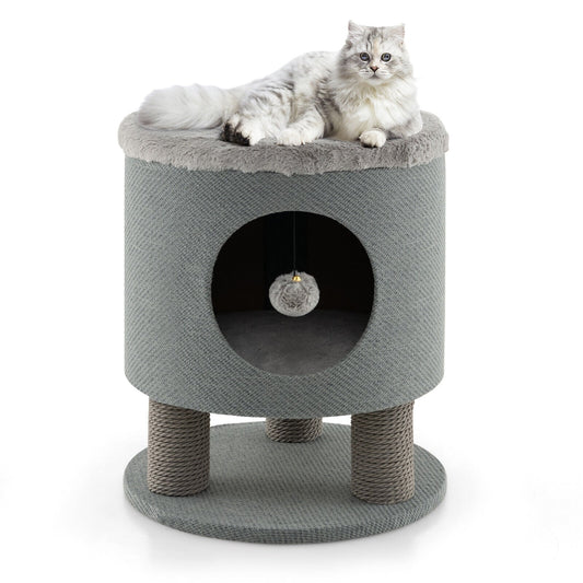 3-in-1 Cat Condo Stool, Kitty Bed, Scratching Posts, Plush Ball Toy, Gray
