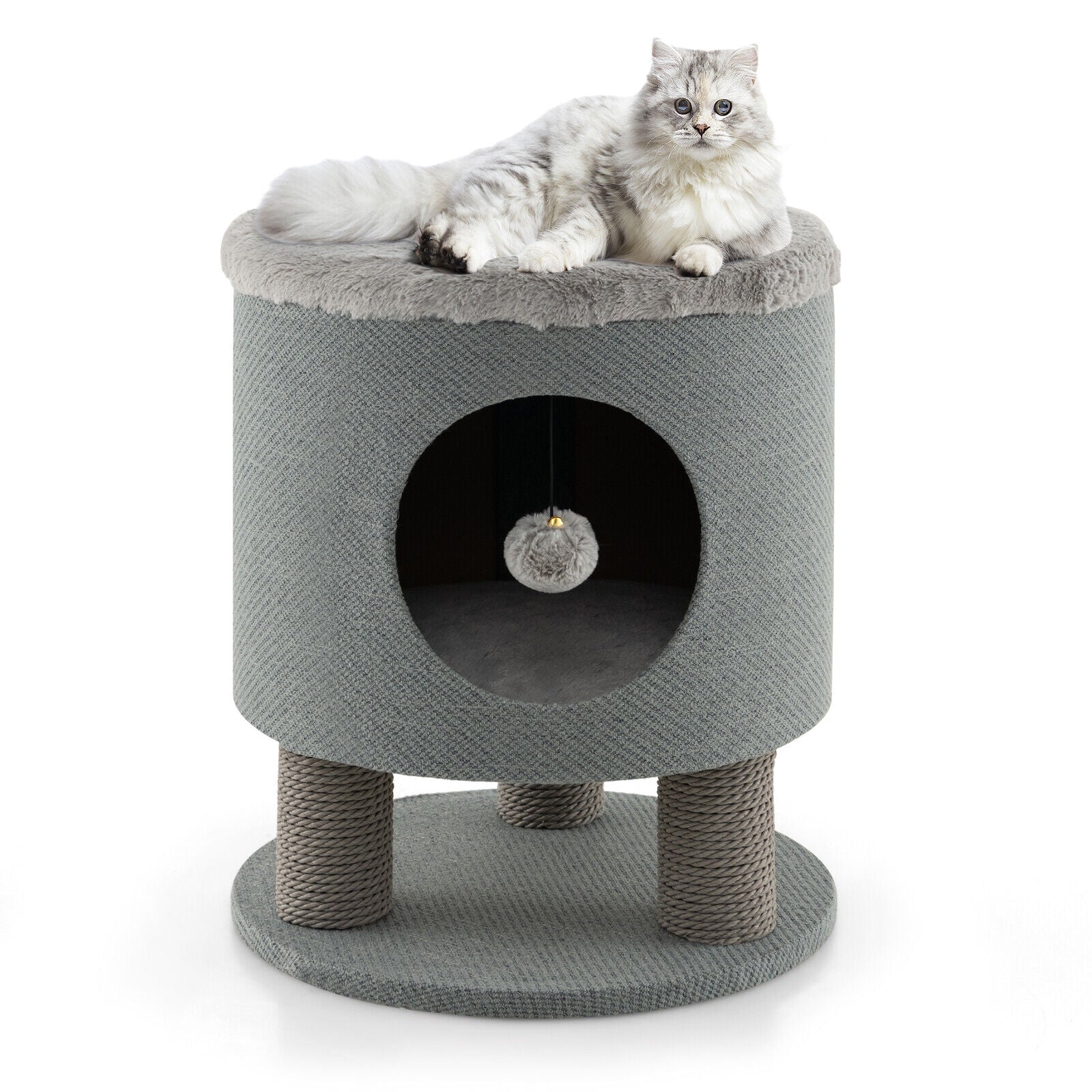 3-in-1 Cat Condo Stool, Kitty Bed, Scratching Posts, Plush Ball Toy, Gray Cat Trees Condos & Scratchers Gray at Gallery Canada