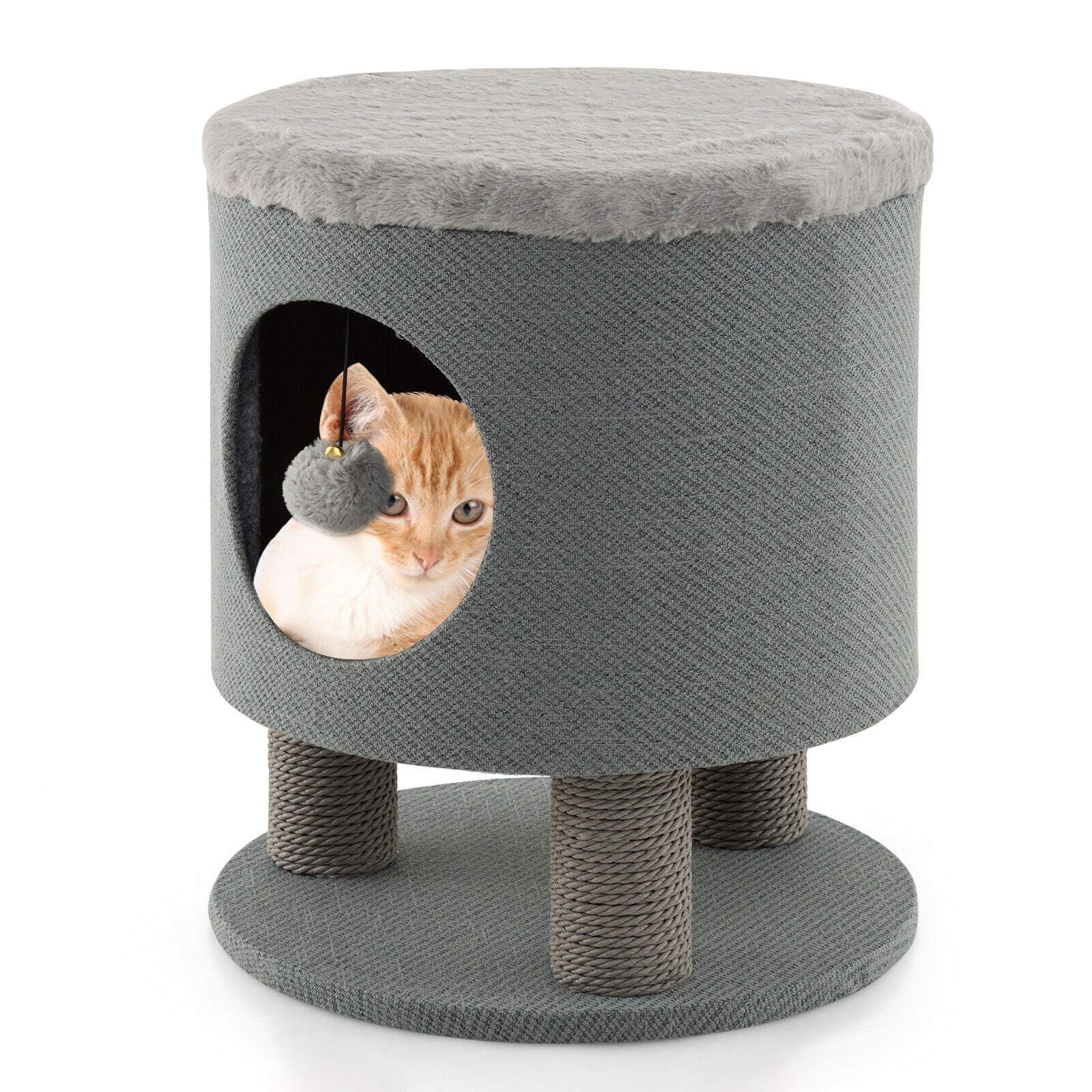 3-in-1 Cat Condo Stool Kitty Bed with Scratching Posts and Plush Ball Toy, Gray Cat Trees Condos & Scratchers at Gallery Canada