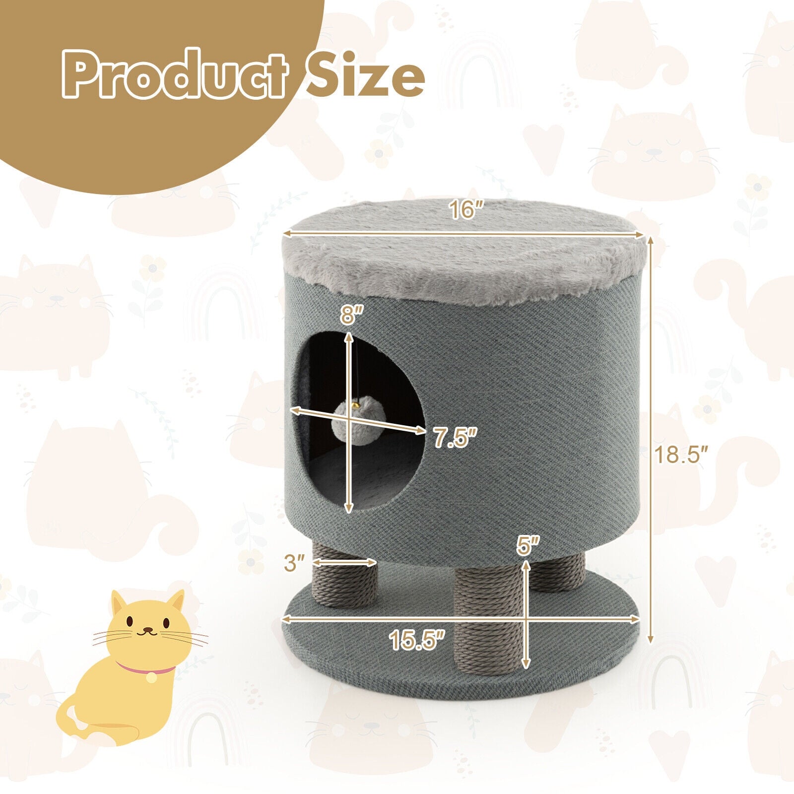 3-in-1 Cat Condo Stool Kitty Bed with Scratching Posts and Plush Ball Toy, Gray Cat Trees Condos & Scratchers at Gallery Canada