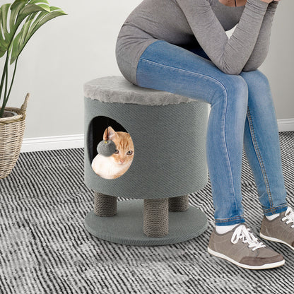 3-in-1 Cat Condo Stool Kitty Bed with Scratching Posts and Plush Ball Toy, Gray Cat Trees Condos & Scratchers at Gallery Canada