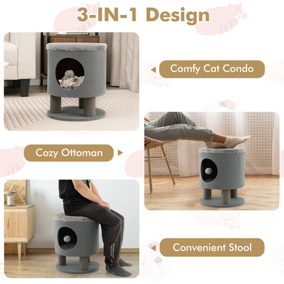 3-in-1 Cat Condo Stool Kitty Bed with Scratching Posts and Plush Ball Toy, Gray Cat Trees Condos & Scratchers at Gallery Canada