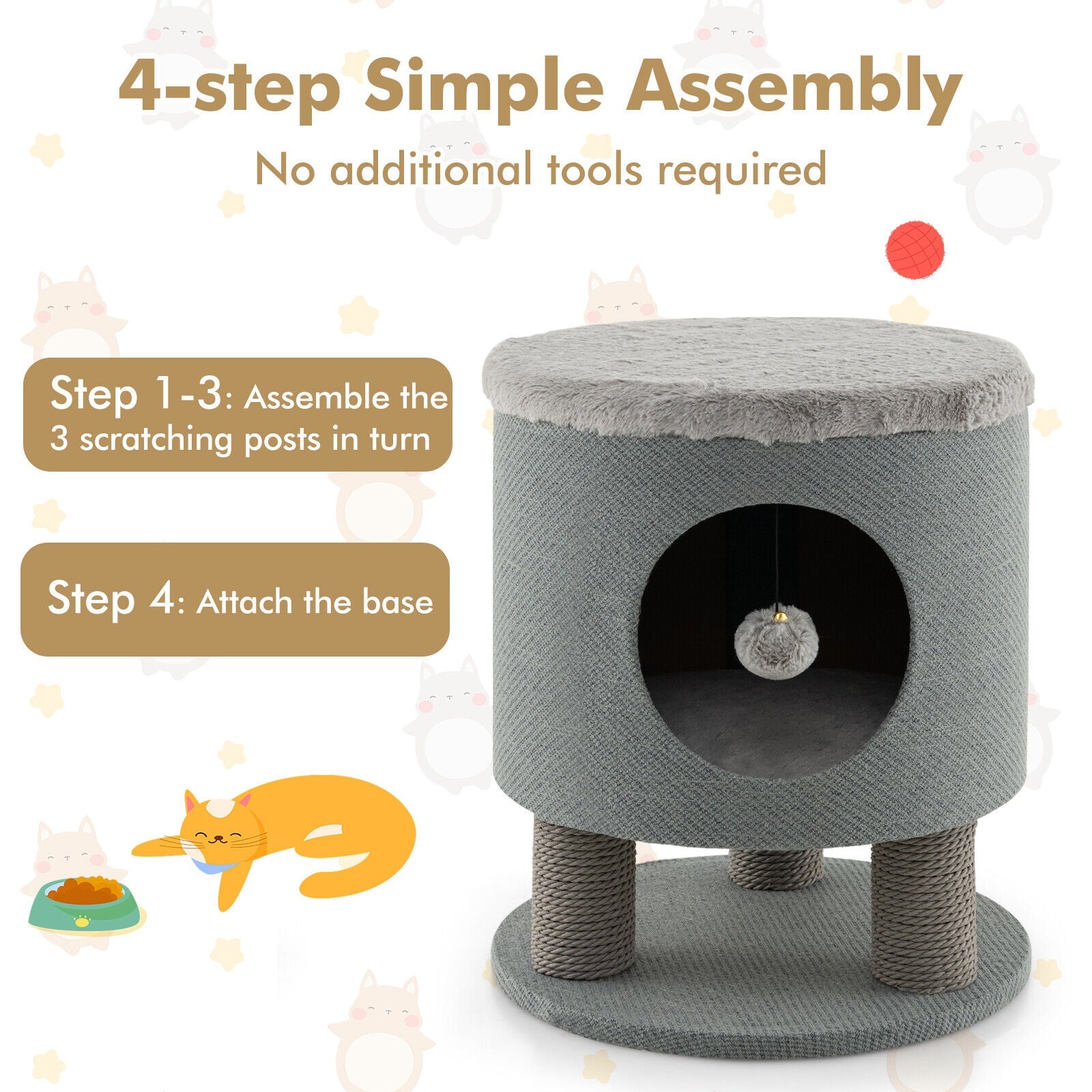 3-in-1 Cat Condo Stool Kitty Bed with Scratching Posts and Plush Ball Toy, Gray Cat Trees Condos & Scratchers at Gallery Canada