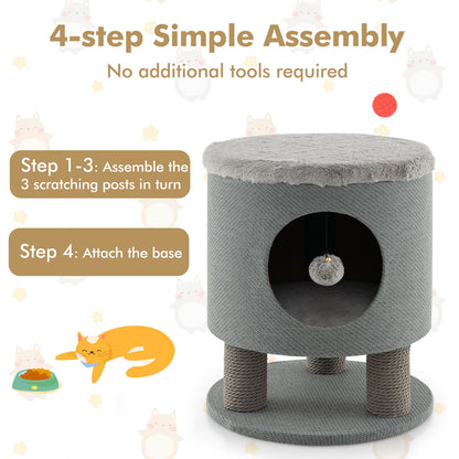 3-in-1 Cat Condo Stool Kitty Bed with Scratching Posts and Plush Ball Toy, Gray Cat Trees Condos & Scratchers at Gallery Canada
