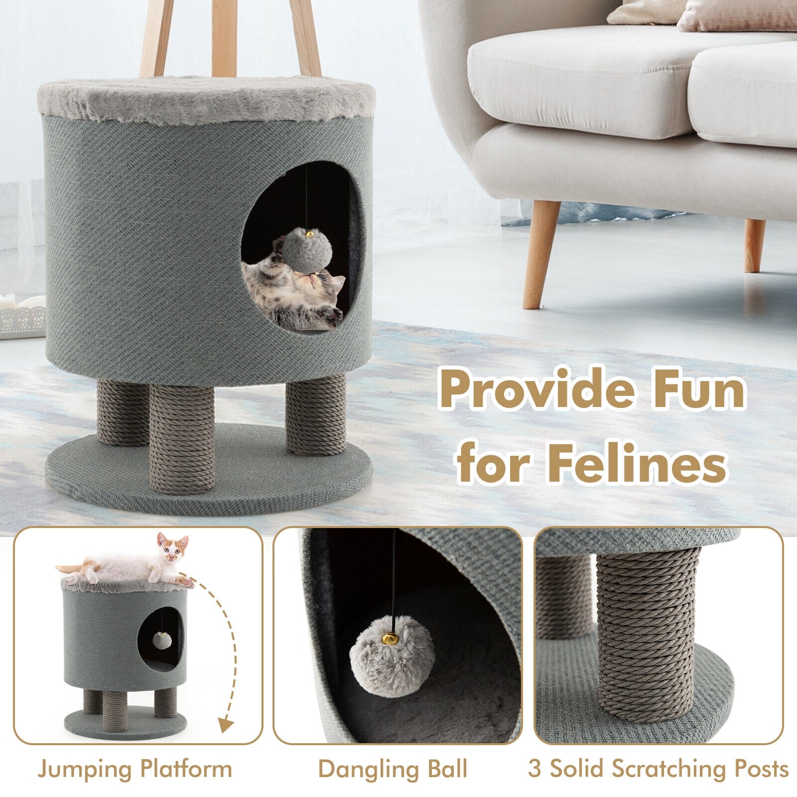 3-in-1 Cat Condo Stool Kitty Bed with Scratching Posts and Plush Ball Toy, Gray Cat Trees Condos & Scratchers at Gallery Canada