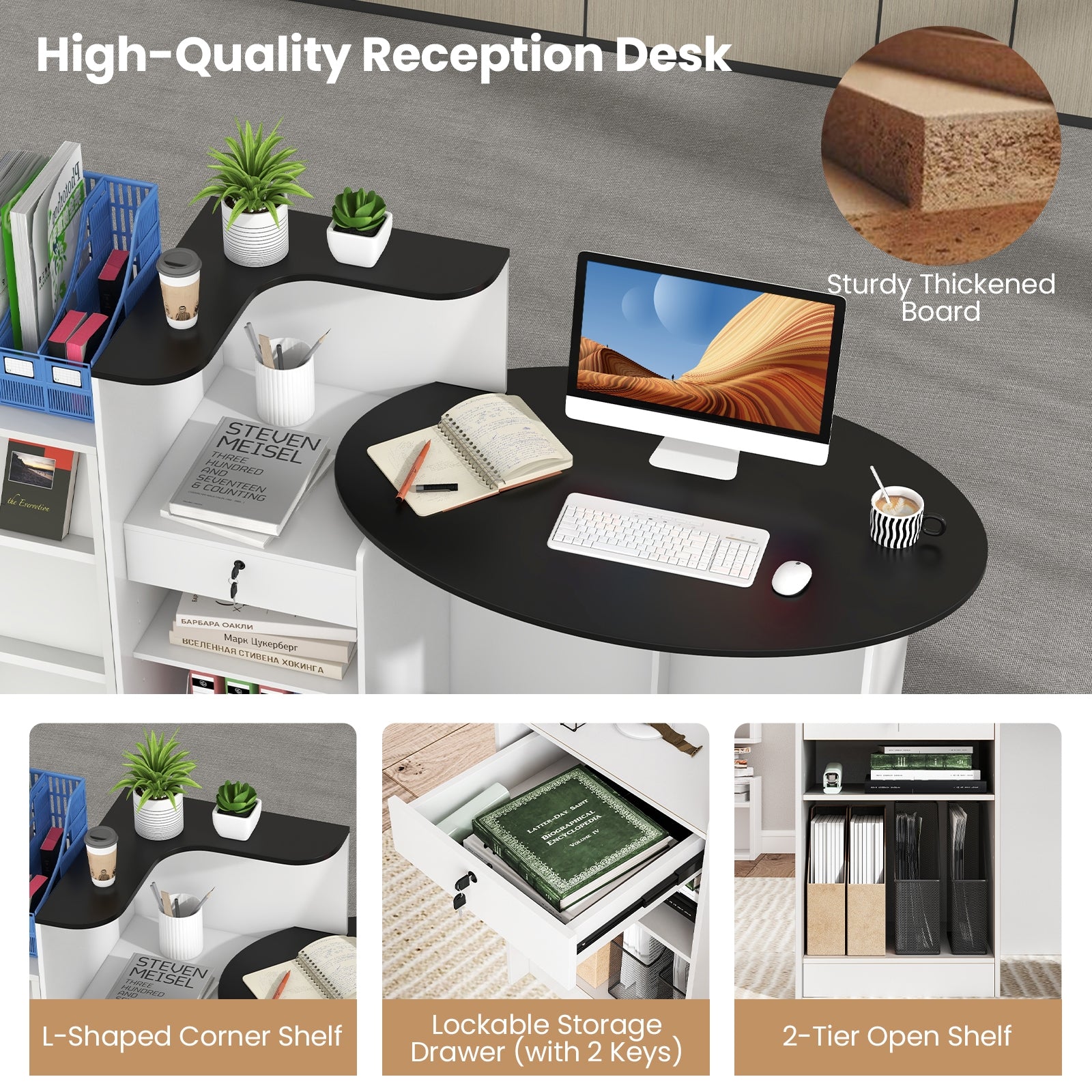 Modern Reception Desk Front Counter Desk with Oval Tabletop, Black Computer Desks at Gallery Canada