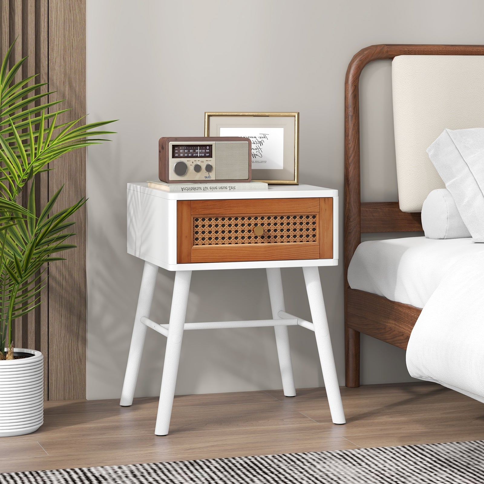 Rattan Nightstand Mid Century Modern Accent Table with Drawer, White Nightstands at Gallery Canada