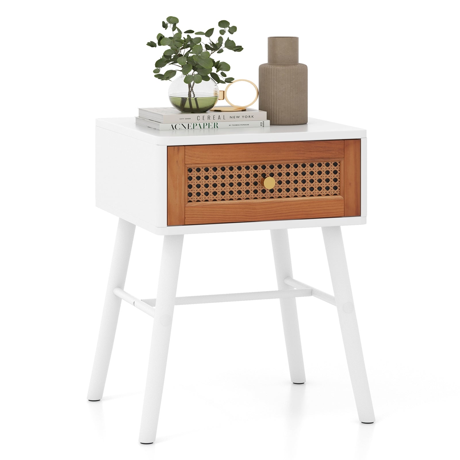 Rattan Nightstand Mid Century Modern Accent Table with Drawer, White Nightstands at Gallery Canada