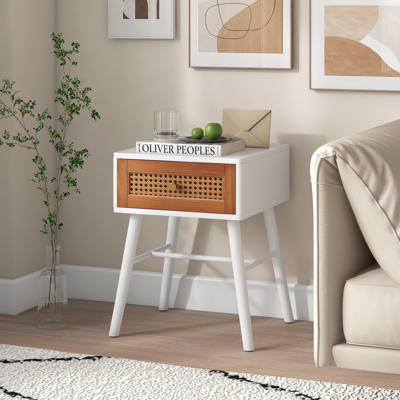 Rattan Nightstand Mid Century Modern Accent Table with Drawer, White Nightstands at Gallery Canada