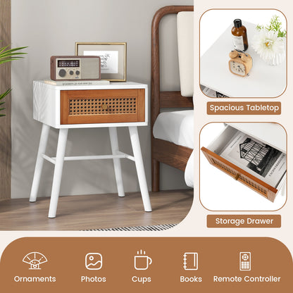 Rattan Nightstand Mid Century Modern Accent Table with Drawer, White Nightstands at Gallery Canada