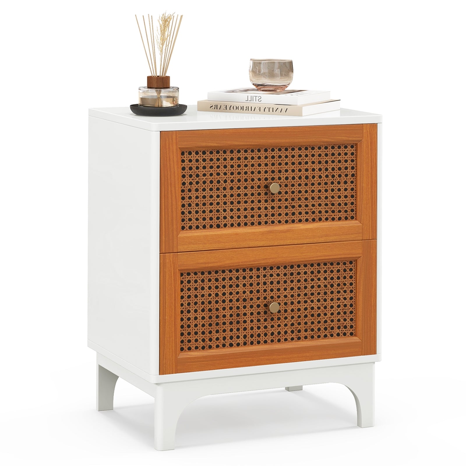 Boho Accent Table Nightstand with 2 Handwoven Rattan Decorated Drawers, White Nightstands at Gallery Canada