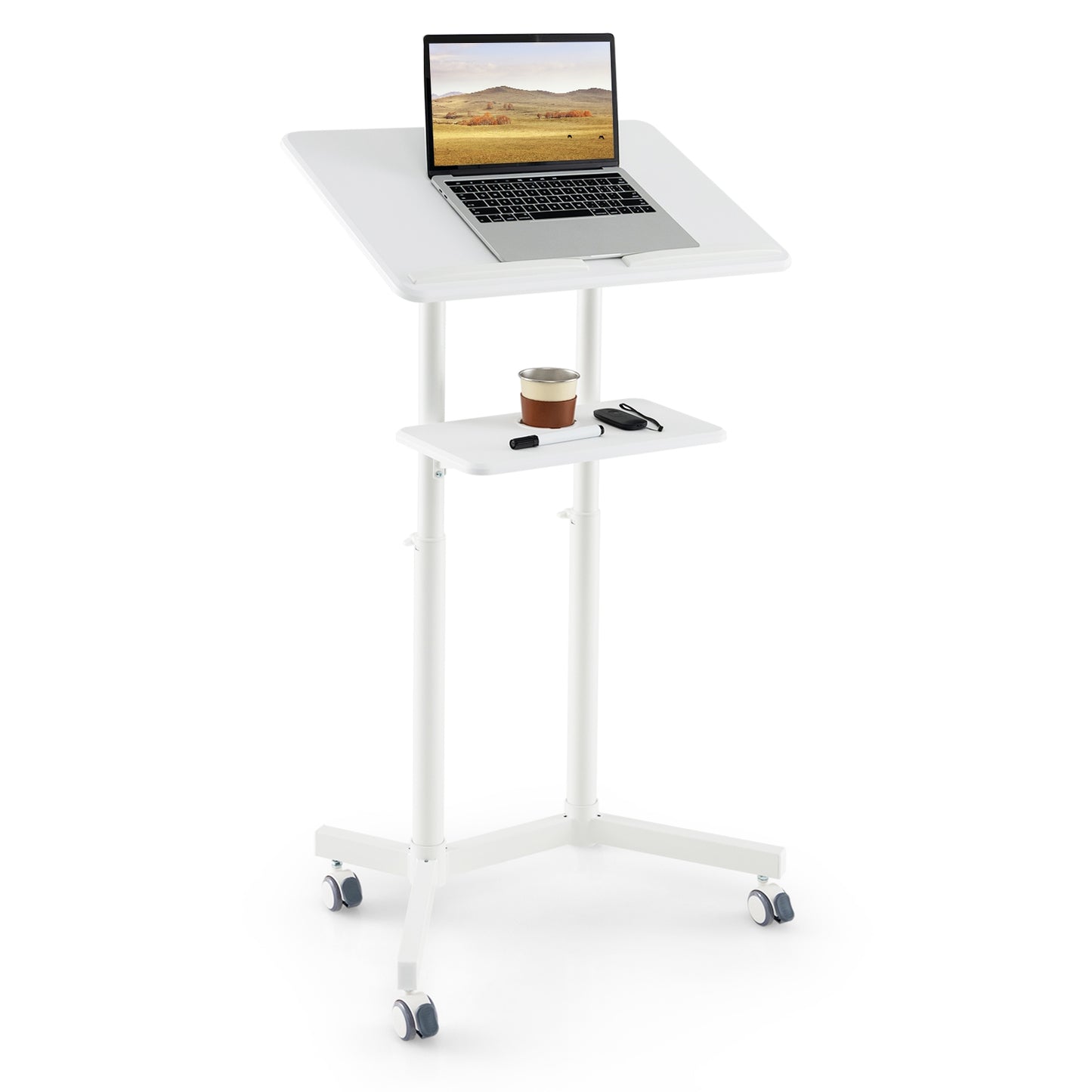 Mobile Lectern Podium Height-adjustable Rolling Laptop Cart with Tilting Top Storage Tray, White Laptop Tables & Printer Stands at Gallery Canada