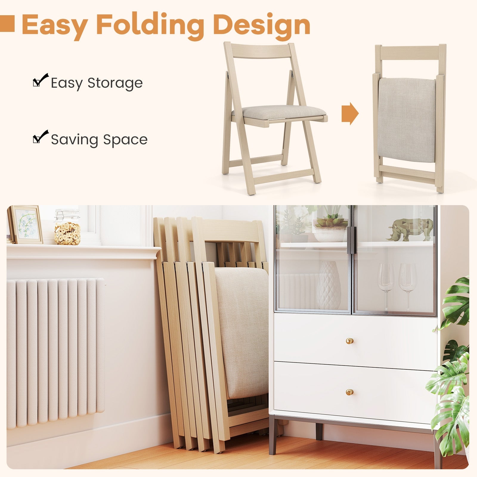 Folding Upholstered Dining Chair Set of 4 with Curved Backrest, Beige Dining Chairs at Gallery Canada