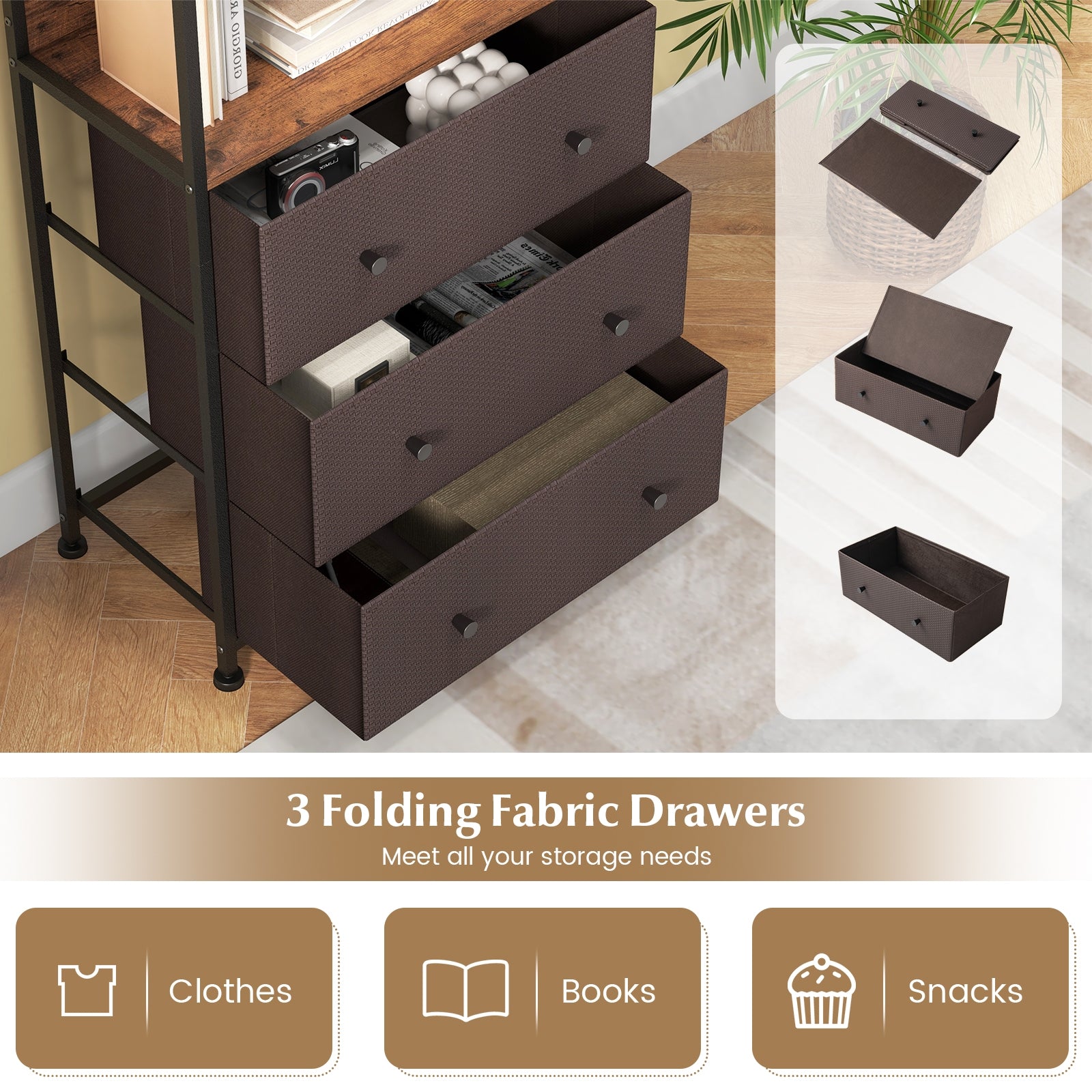 Chest of Fabric Drawer with 3 Folding Fabric Drawers and Anti-tipping Devices, Brown Cabinets & Chests at Gallery Canada