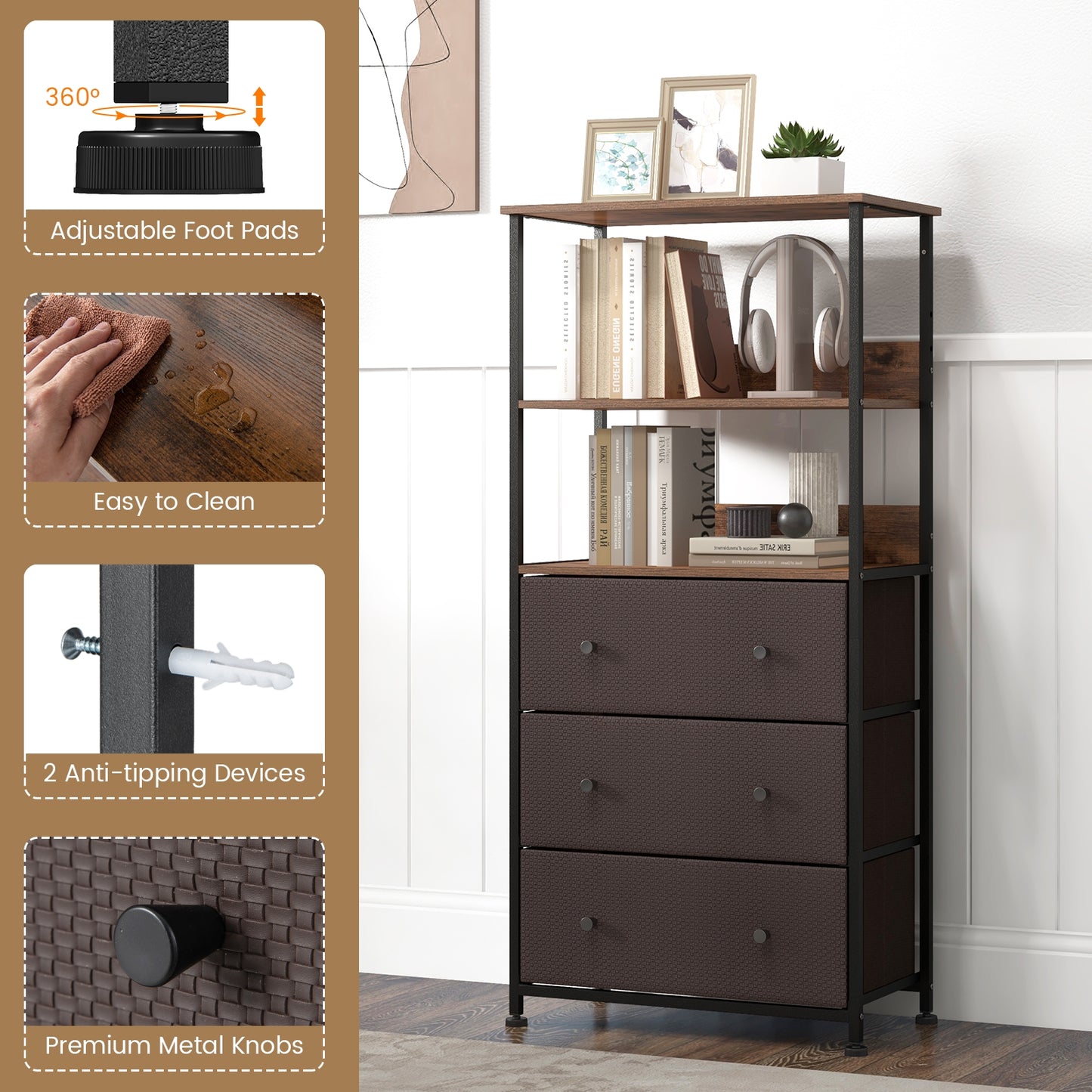 Chest of Fabric Drawer with 3 Folding Fabric Drawers and Anti-tipping Devices, Brown Cabinets & Chests at Gallery Canada