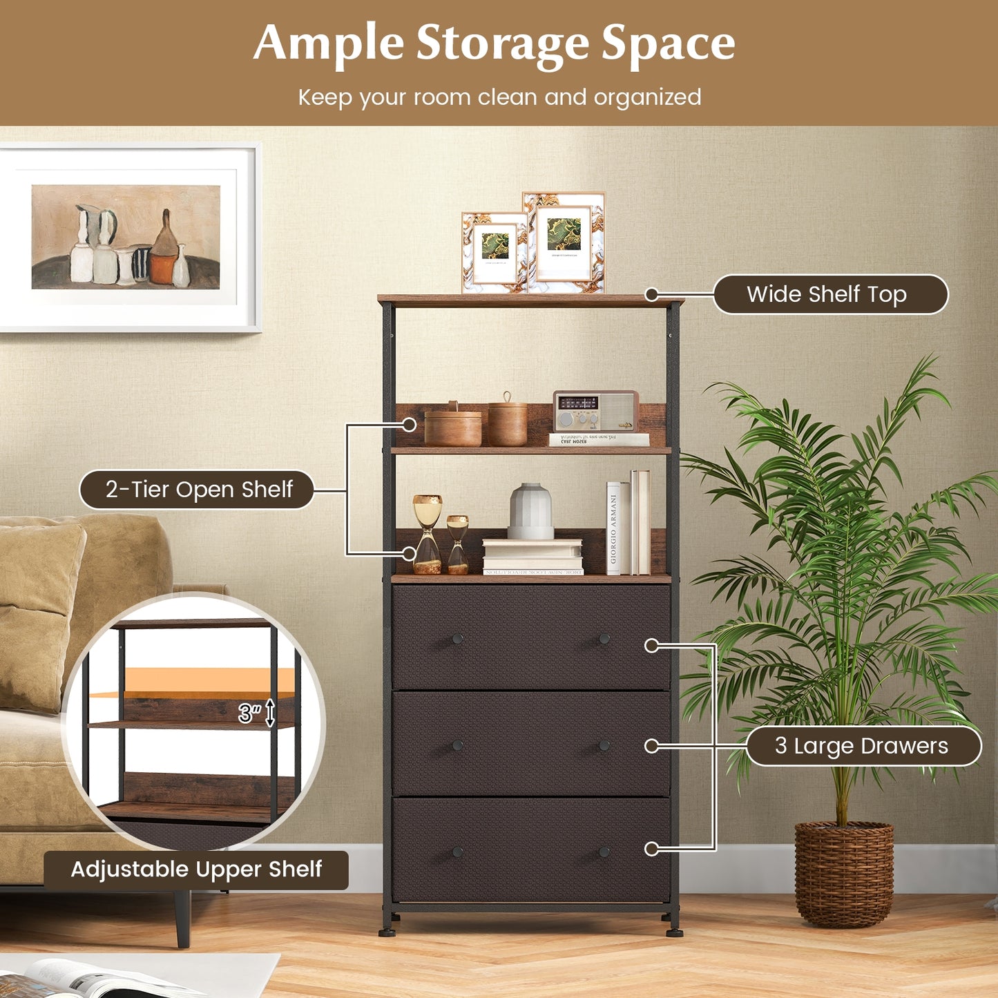 Chest of Fabric Drawer with 3 Folding Fabric Drawers and Anti-tipping Devices, Brown Cabinets & Chests at Gallery Canada