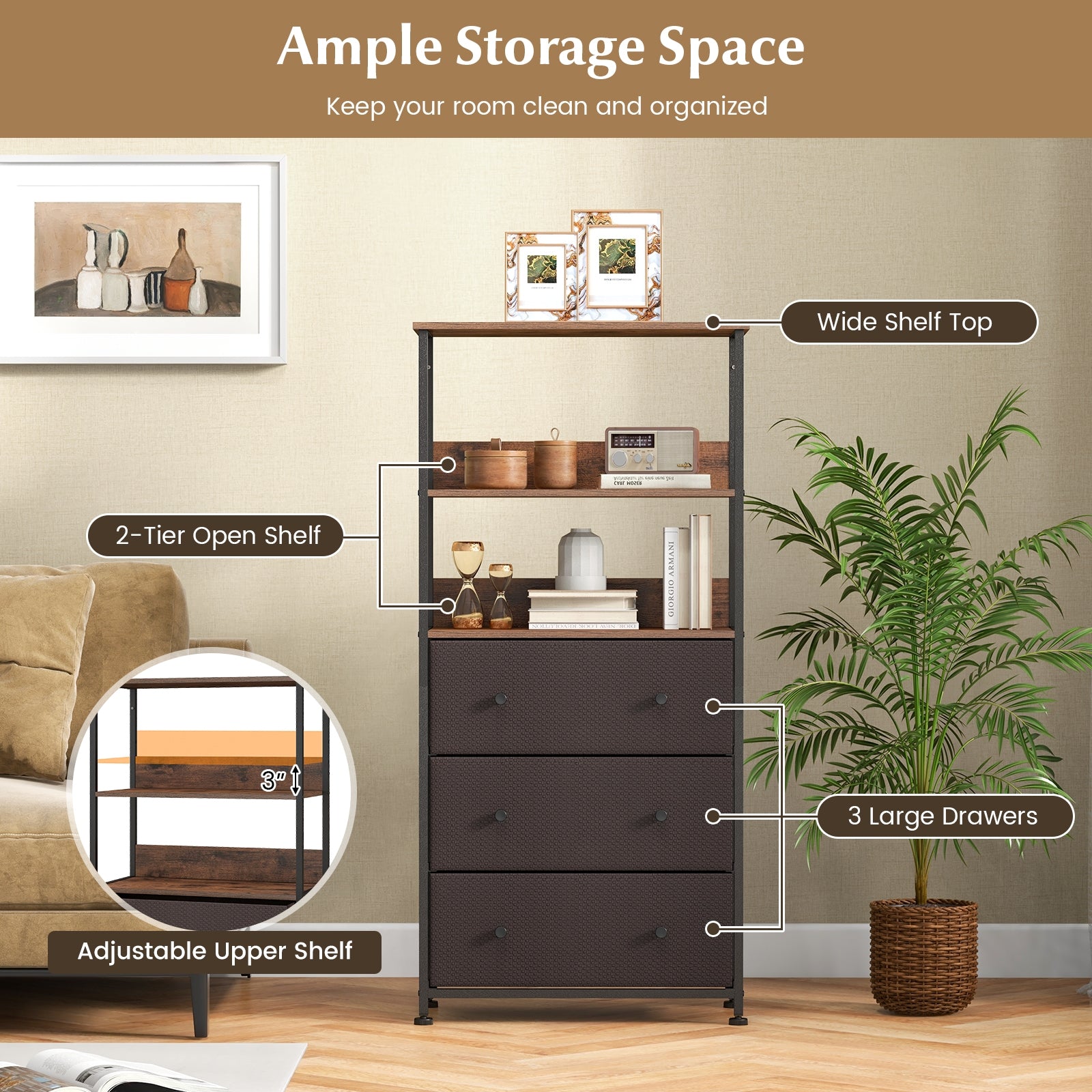 Chest of Fabric Drawer with 3 Folding Fabric Drawers and Anti-tipping Devices, Brown Cabinets & Chests at Gallery Canada