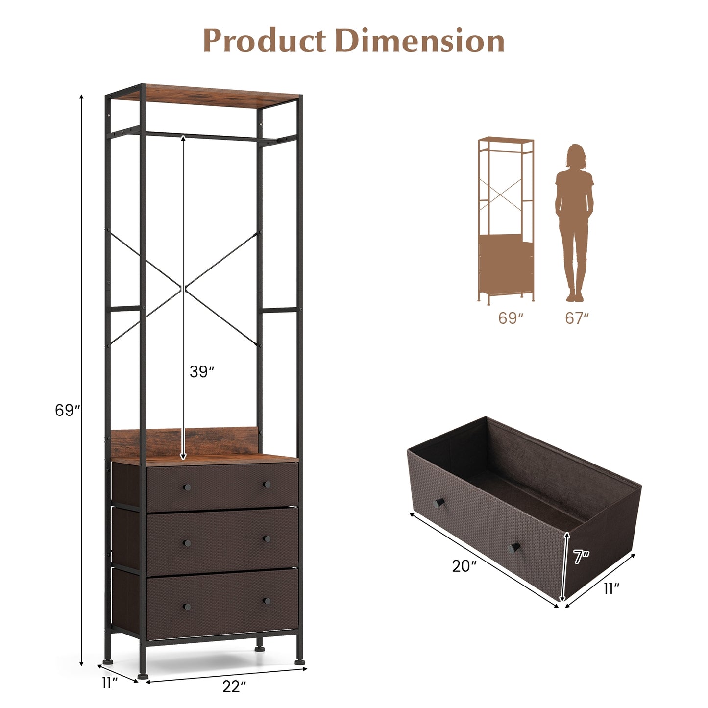 Freestanding Closet Organizer with 3-position Hanging Rod and Storage Shelves, Brown Cabinets & Chests at Gallery Canada
