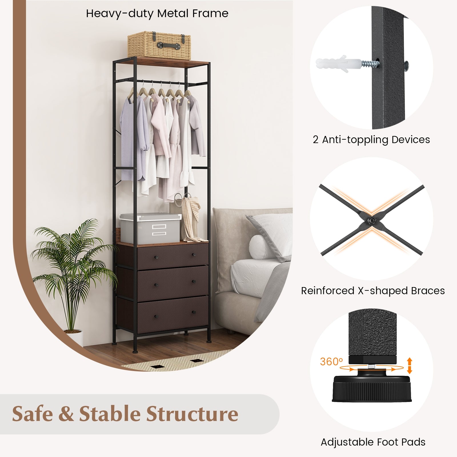 Freestanding Closet Organizer with 3-position Hanging Rod and Storage Shelves, Brown Cabinets & Chests at Gallery Canada