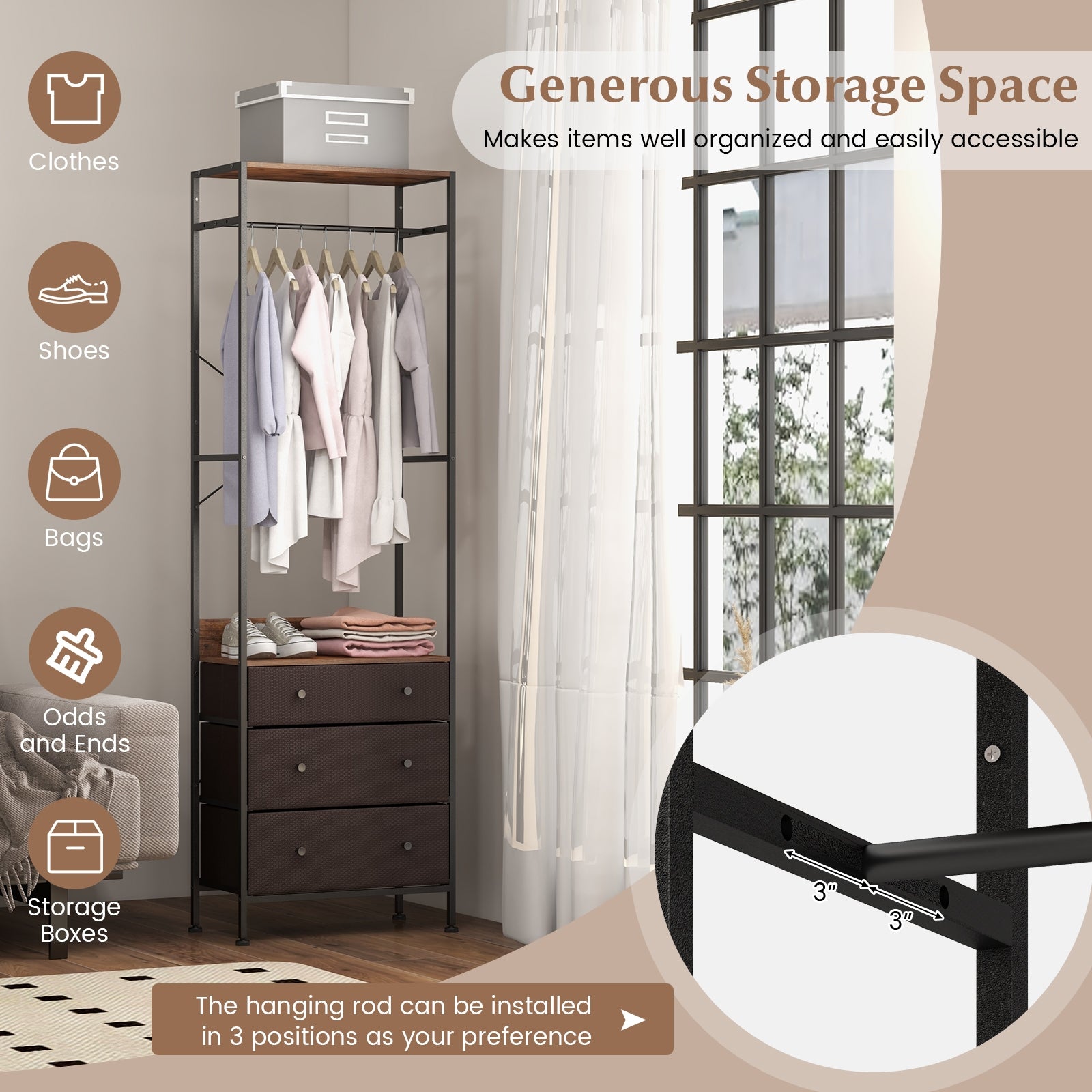 Freestanding Closet Organizer, 3-Position Hanging Rod, Storage Shelves, Brown Cabinets & Chests at Gallery Canada