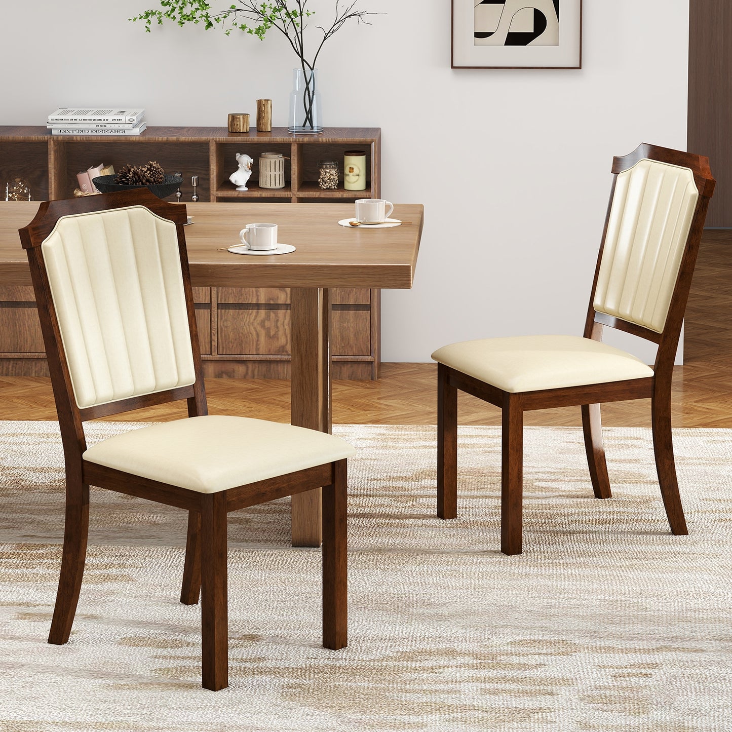 Dining Chair Set of 2 with PU Leather and Rubber Wood Frame, Brown Dining Chairs at Gallery Canada