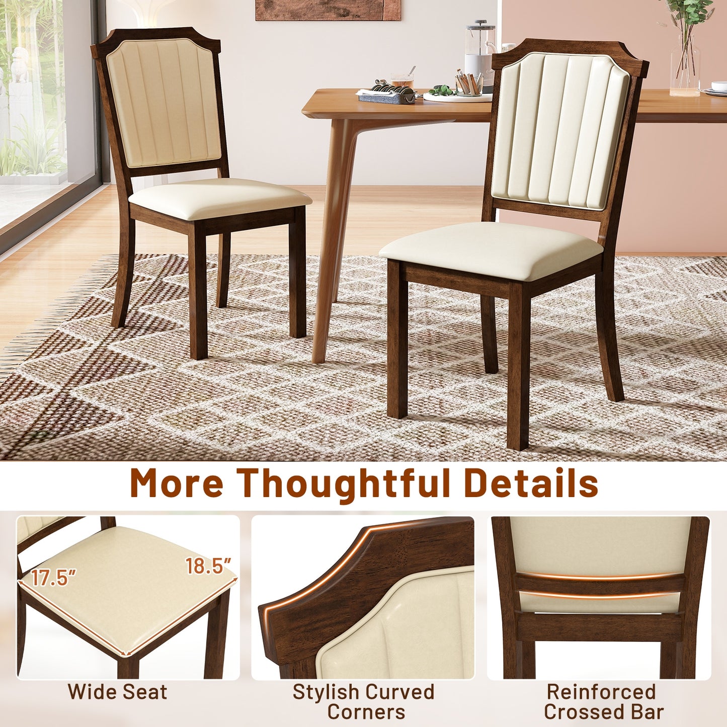 Dining Chair Set, 2 PU Leather Rubber Wood Frame, Brown