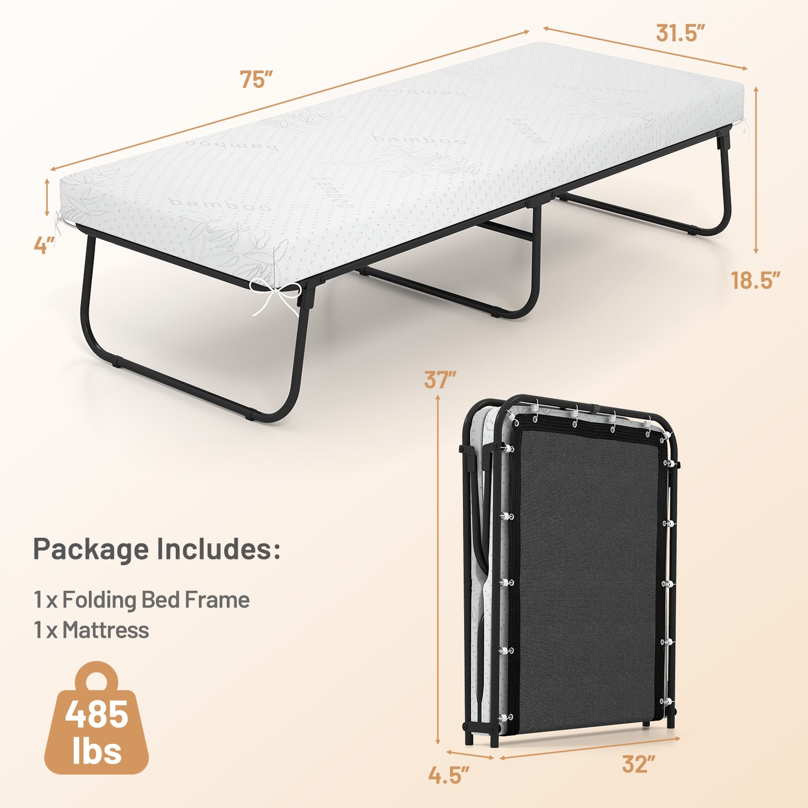 75 x 31 Inch Folding Bed with Mattress Cot Size with Memory Foam, White Folding Beds at Gallery Canada