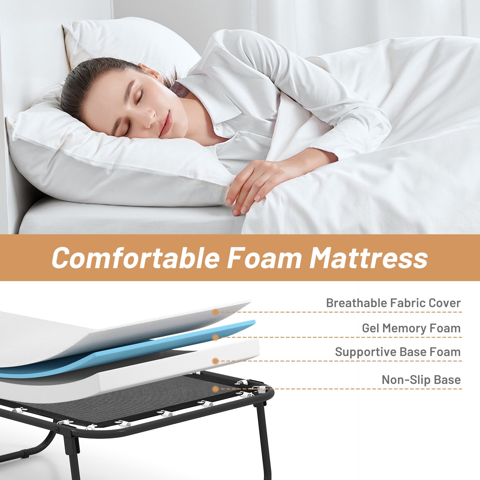 75 x 31 Inch Folding Bed with Mattress Cot Size with Memory Foam, White Folding Beds at Gallery Canada