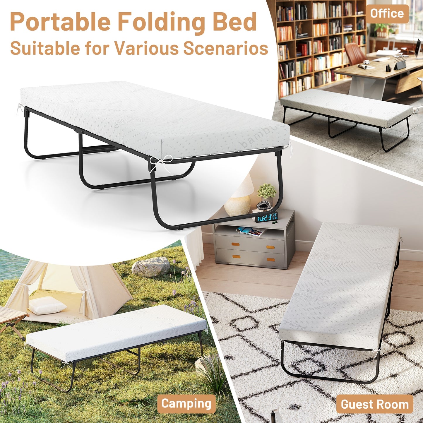 75 x 31 Inch Folding Bed with Mattress Cot Size with Memory Foam, White Folding Beds at Gallery Canada
