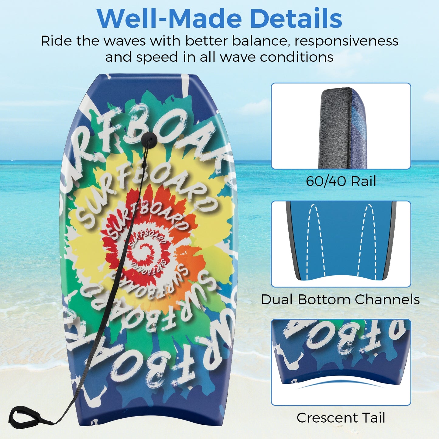 33/37/41 Inch Lightweight Body Board, EPS Core XPE Deck HDPE Bottom, Multicolor Surfing at Gallery Canada