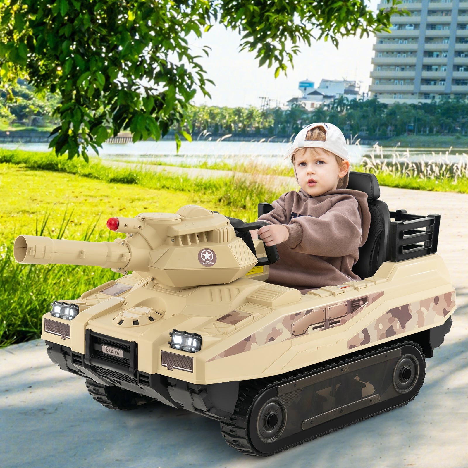12V Electric Kids Ride On Tank with Rotatable Turret and 8 Missiles for Kids Aged 37-95 Months Old, Khaki Powered Ride On Toys at Gallery Canada