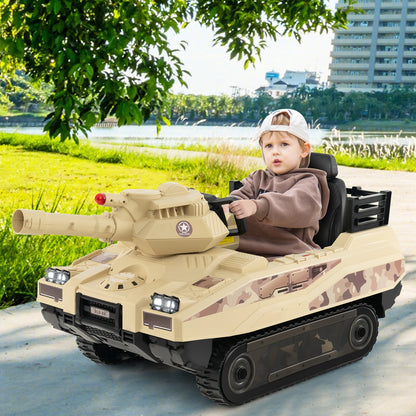 12V Electric Kids Ride On Tank with Rotatable Turret and 8 Missiles for Kids Aged 37-95 Months Old, Khaki Powered Ride On Toys at Gallery Canada