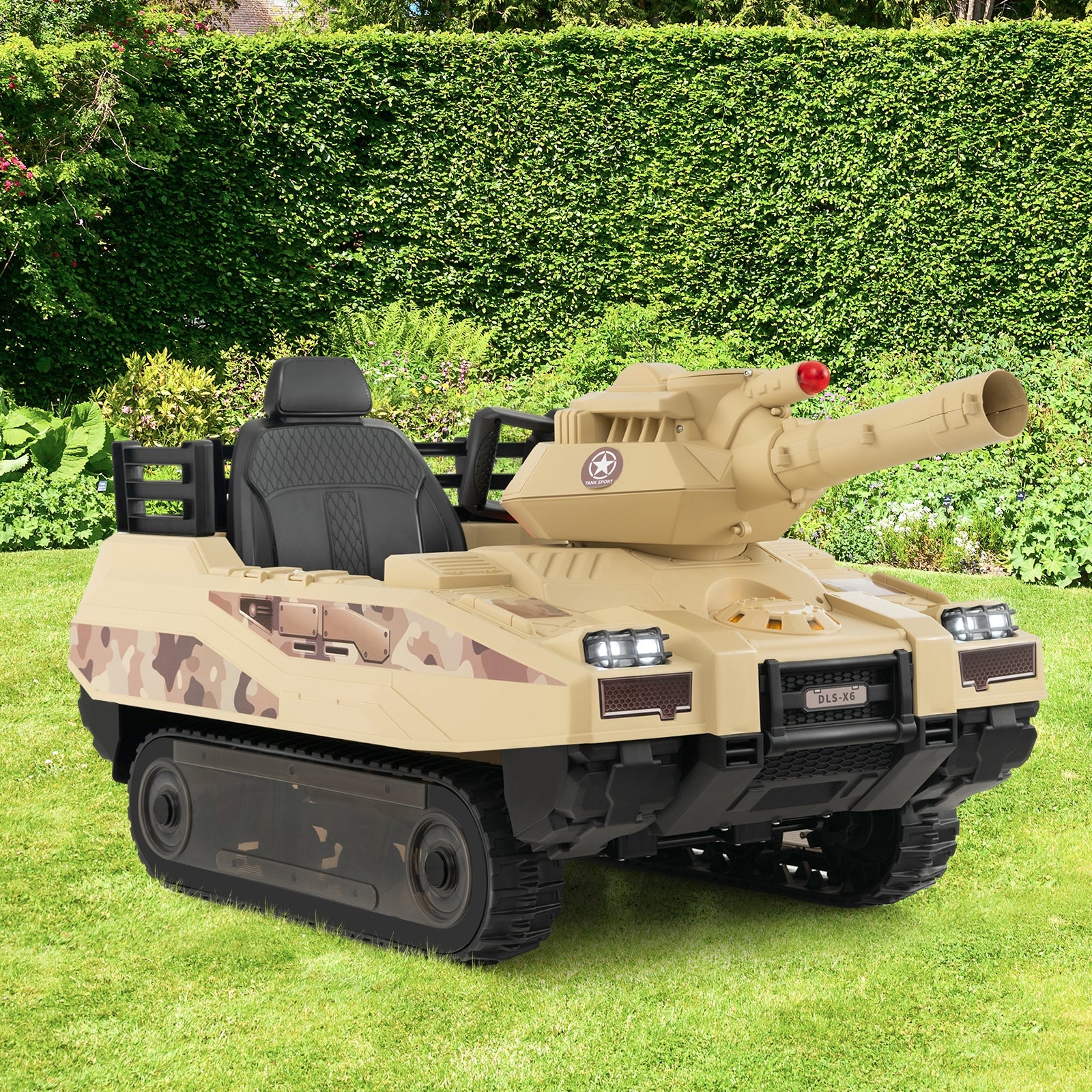 12V Electric Kids Ride On Tank with Rotatable Turret and 8 Missiles for Kids Aged 37-95 Months Old, Khaki Powered Ride On Toys at Gallery Canada