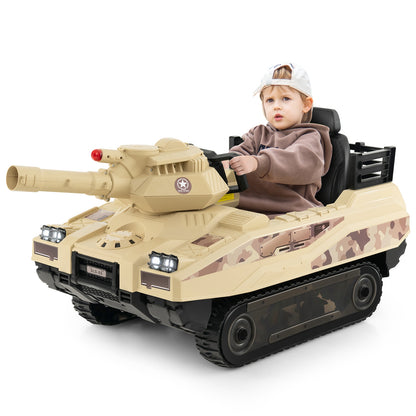 12V Electric Kids Ride On Tank with Rotatable Turret and 8 Missiles for Kids Aged 37-95 Months Old, Khaki Powered Ride On Toys at Gallery Canada