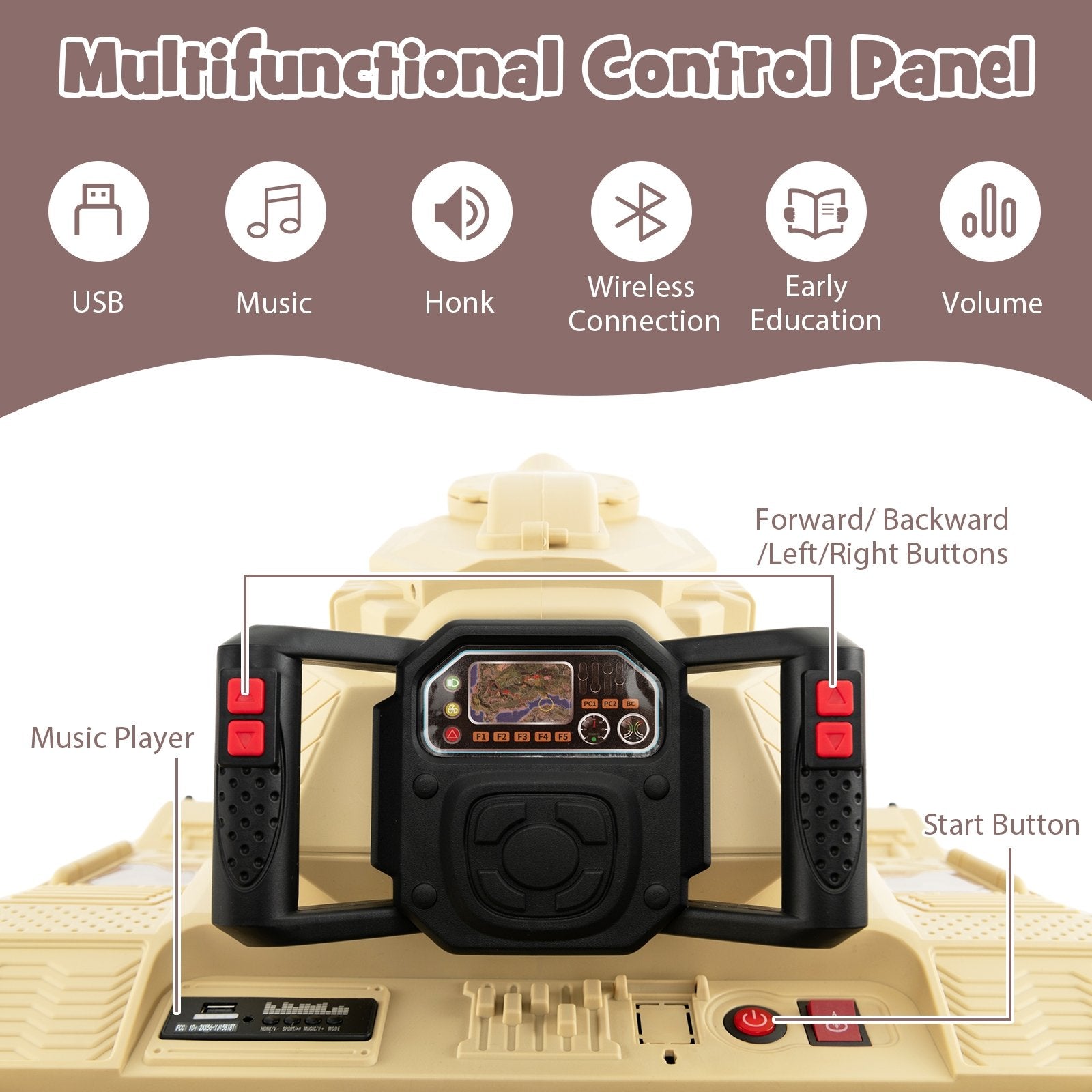 12V Electric Kids Ride On Tank with Rotatable Turret and 8 Missiles for Kids Aged 37-95 Months Old, Khaki Powered Ride On Toys at Gallery Canada