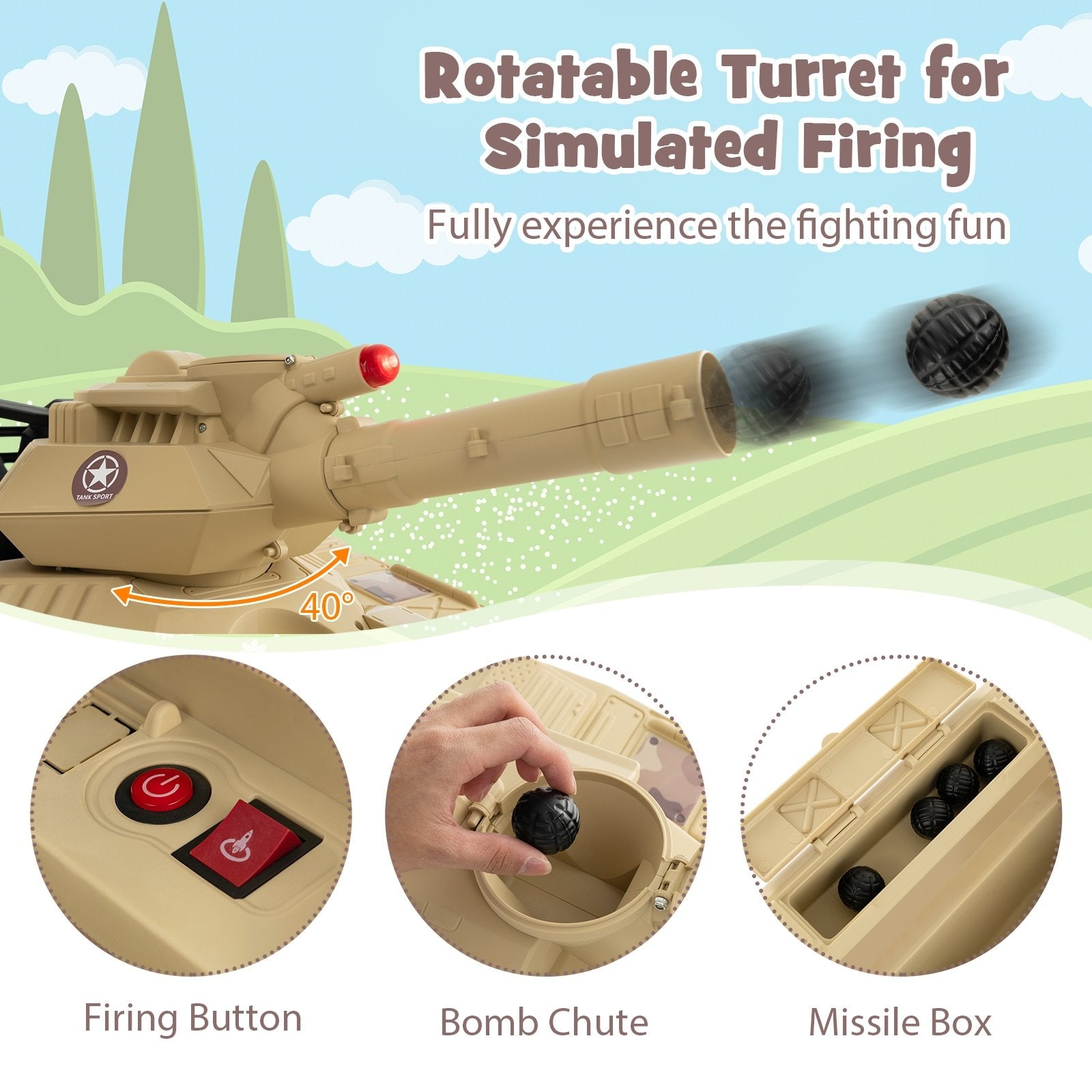 12V Electric Kids Ride On Tank with Rotatable Turret and 8 Missiles for Kids Aged 37-95 Months Old, Khaki Powered Ride On Toys at Gallery Canada