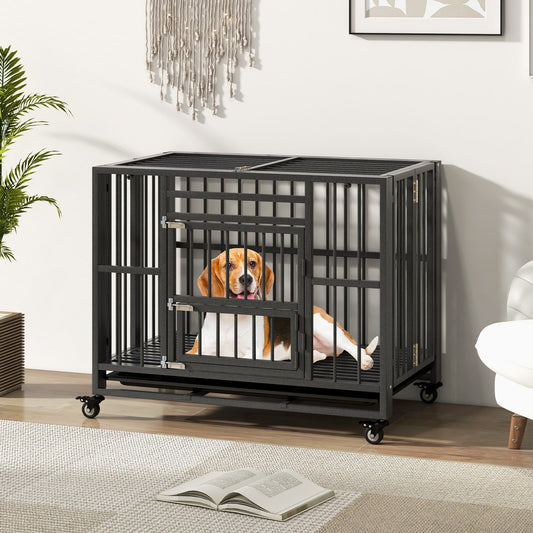 Foldable Heavy-Duty Metal Dog Cage Chew-proof Dog Crate with Lockable Universal Wheels, Black - Gallery Canada