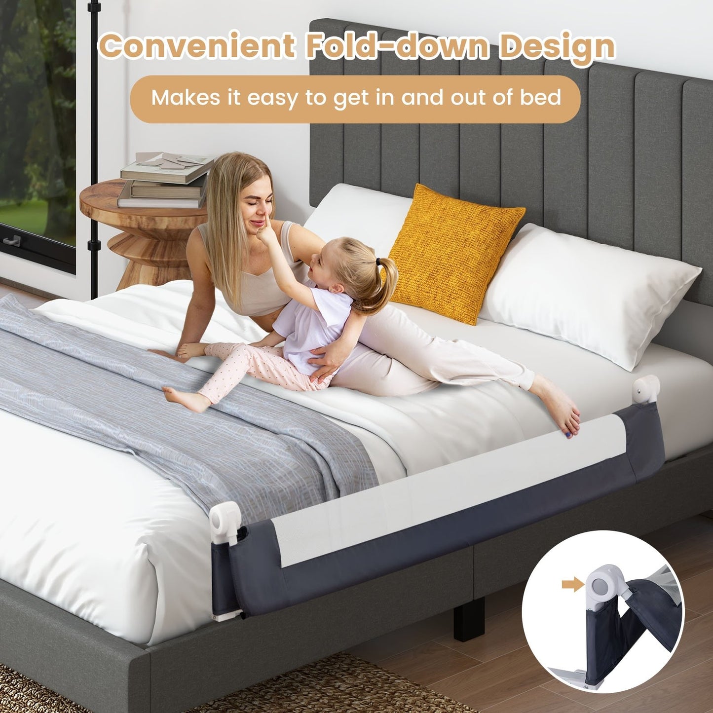 60-Inch Foldable Bed Rail Swing Down Baby Bed Guard Rail with Adjustable Safety Strap-Grey, Gray