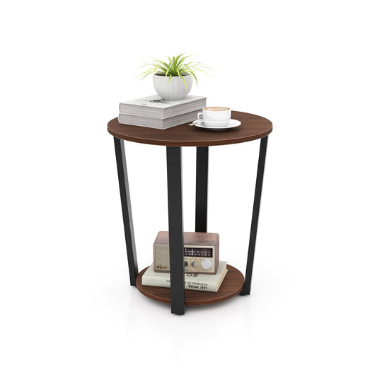 Round End Table With Open Shelf, Metal Frame, Walnut