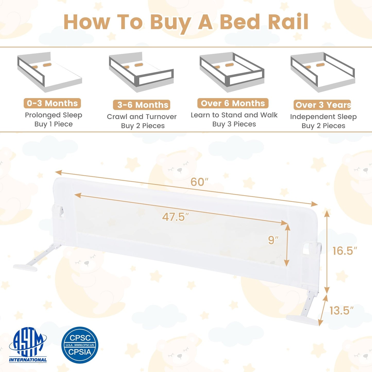 60-Inch Foldable Bed Rail Swing Down Baby Bed Guard Rail with Adjustable Safety Strap, White