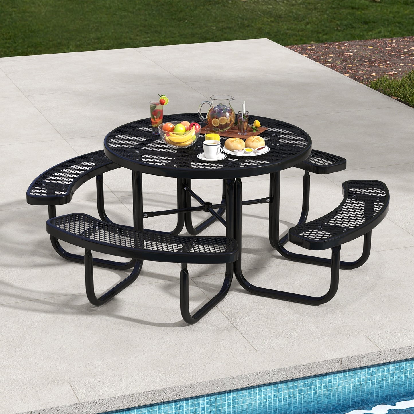45 Inches Outdoor Round Picnic Table and Bench Set for 8 with Umbrella Hole, Black Picnic Tables at Gallery Canada