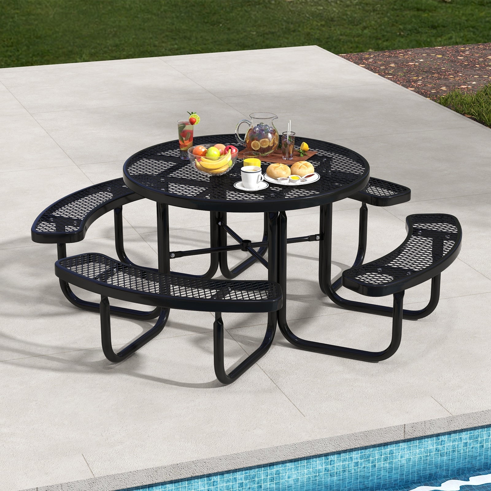 45 Inches Outdoor Round Picnic Table and Bench Set for 8 with Umbrella Hole, Black Picnic Tables at Gallery Canada