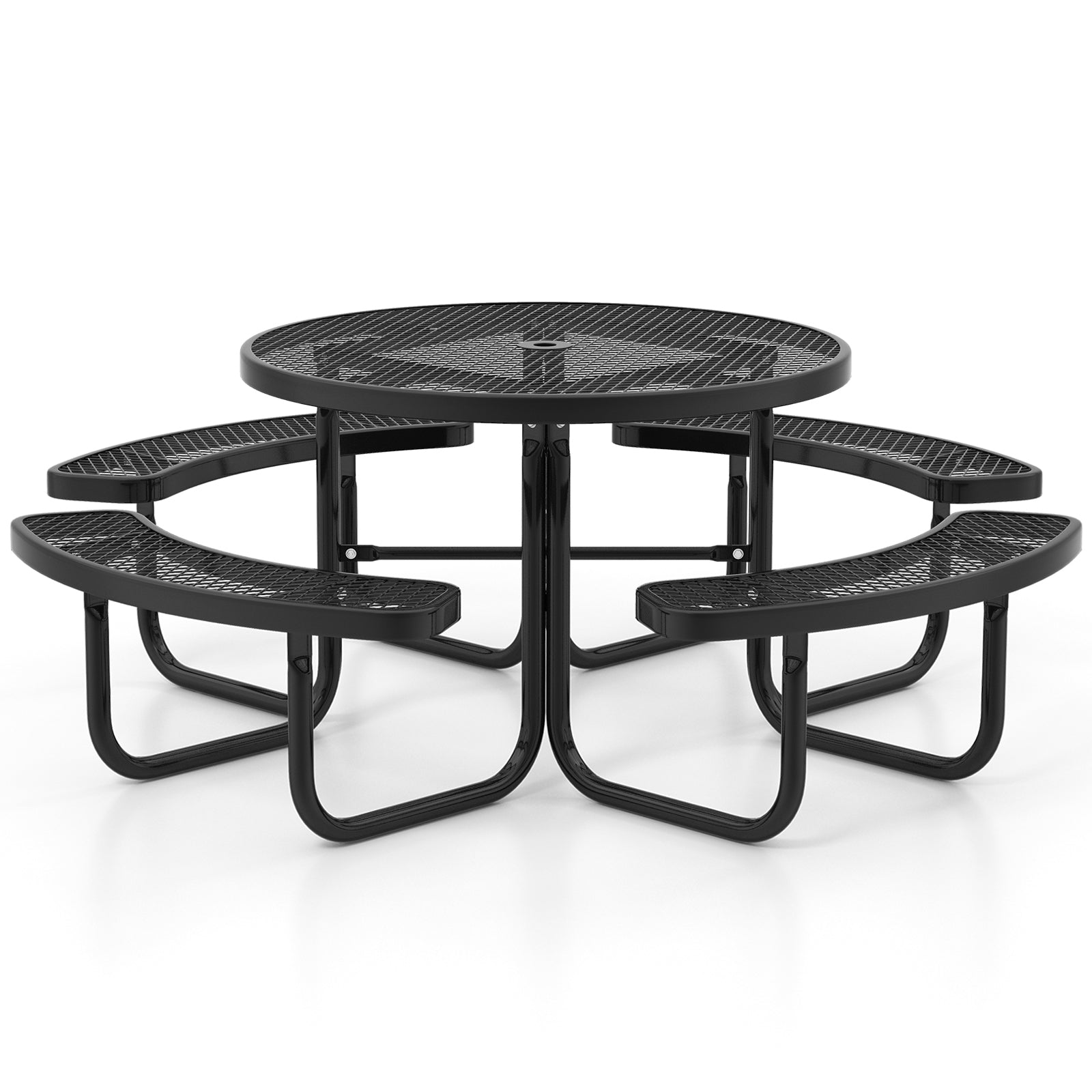 45 Inches Outdoor Round Picnic Table and Bench Set for 8 with Umbrella Hole, Black Picnic Tables at Gallery Canada