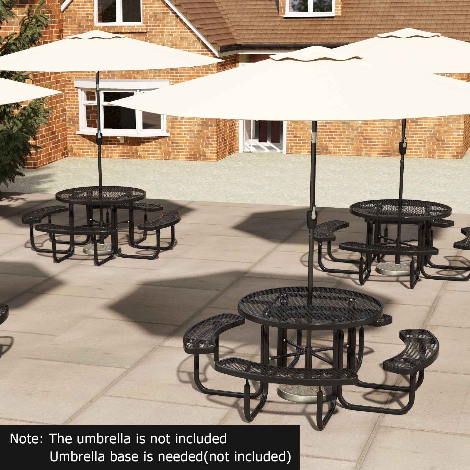 45 Inches Outdoor Round Picnic Table and Bench Set for 8 with Umbrella Hole, Black Picnic Tables at Gallery Canada