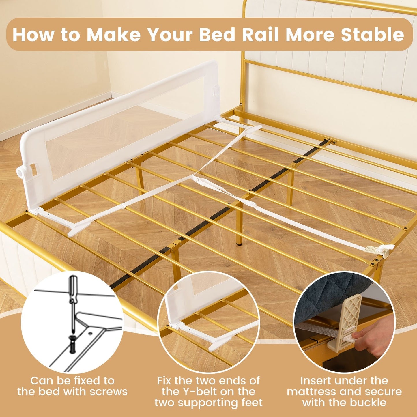 60-Inch Foldable Bed Rail Swing Down Baby Bed Guard Rail with Adjustable Safety Strap, White