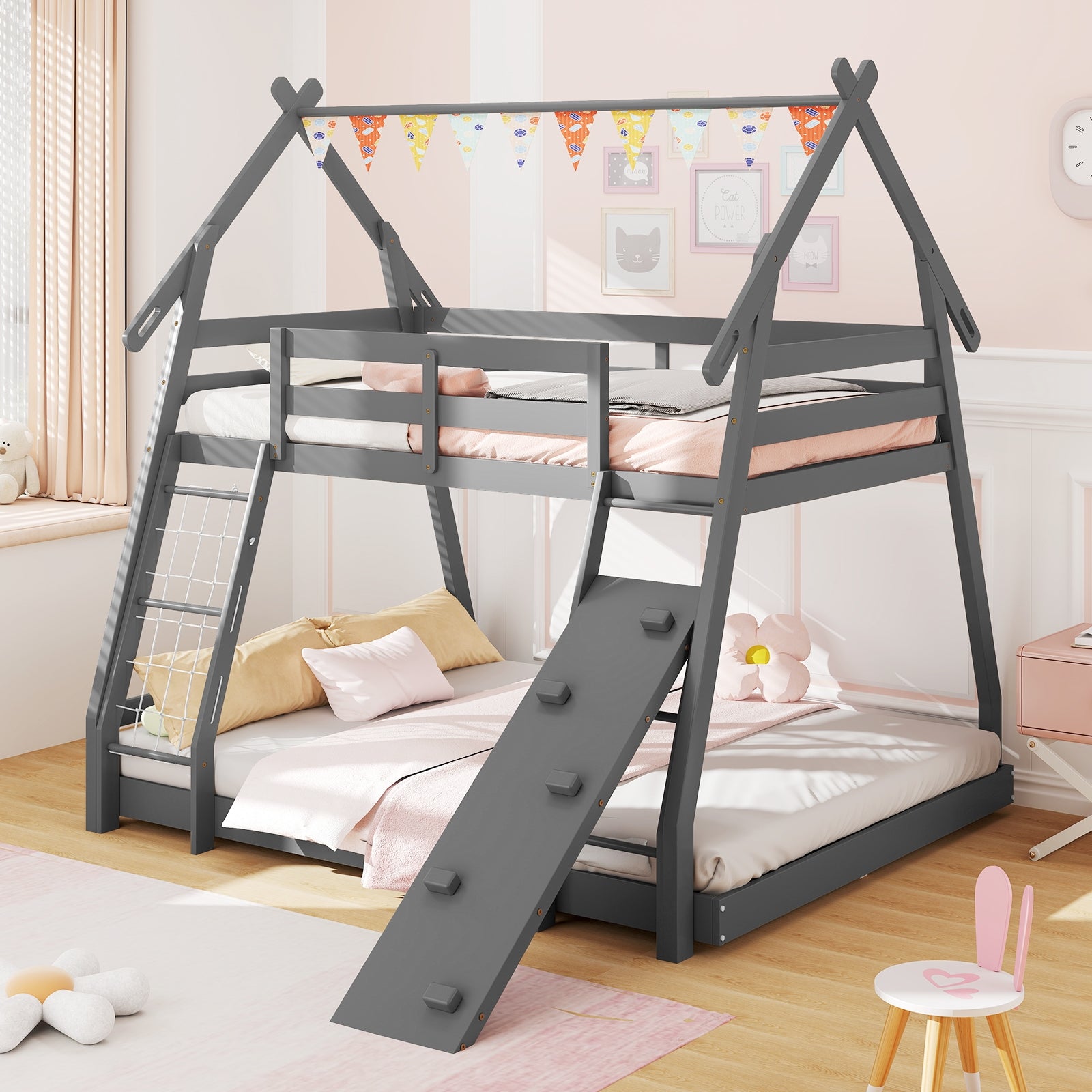 Twin Over Queen Bunk Bed Wooden Kids Bed with Climbing Nets and Ramp, Gray Toddler Beds at Gallery Canada