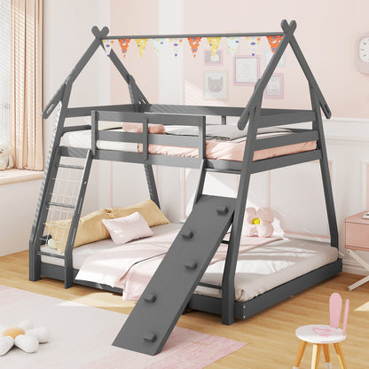 Twin Over Queen Bunk Bed Wooden Kids Bed with Climbing Nets and Ramp, Gray Toddler Beds at Gallery Canada